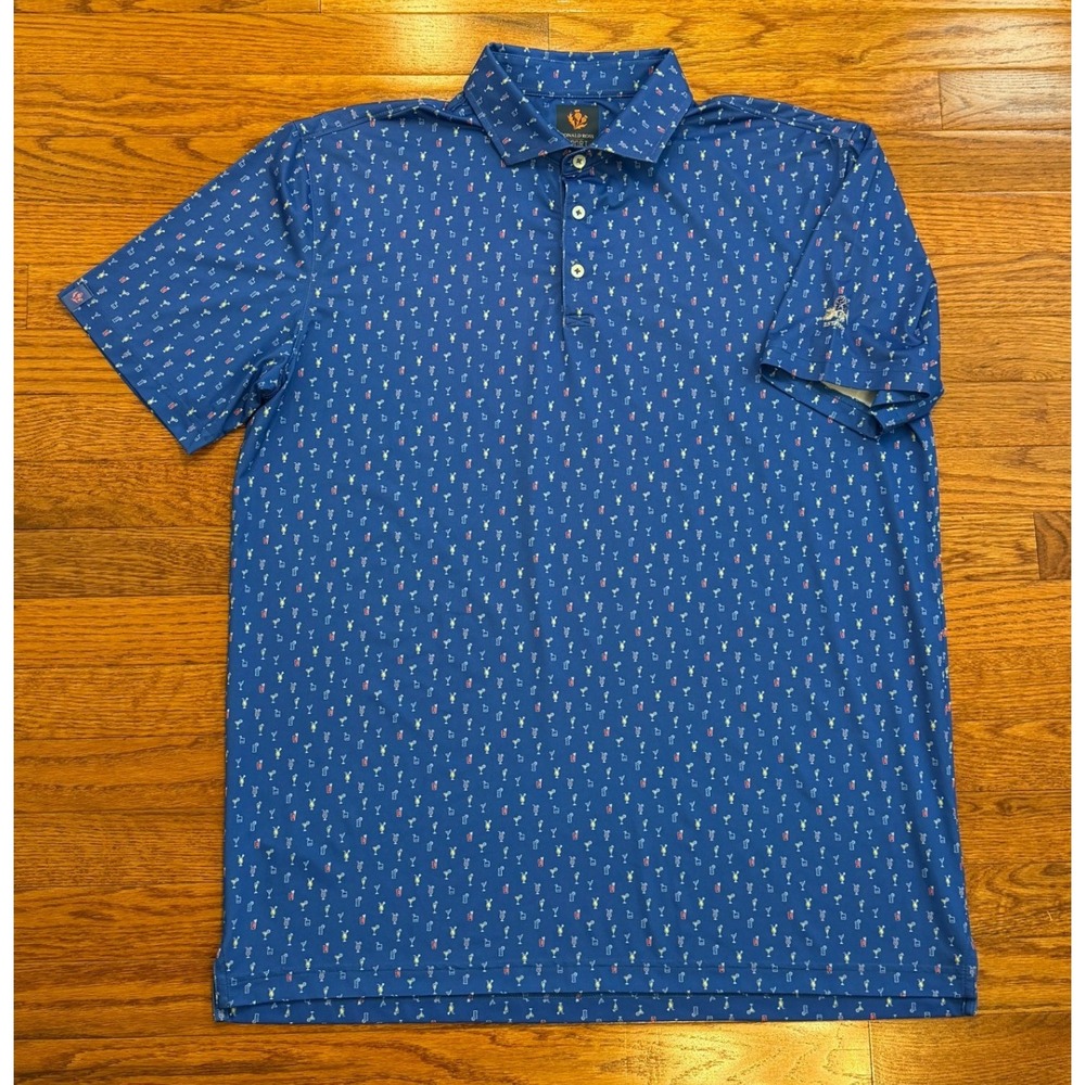 Donald Ross Performance Golf Polo Shirt Mens Large Blue Cocktail Print Club Logo